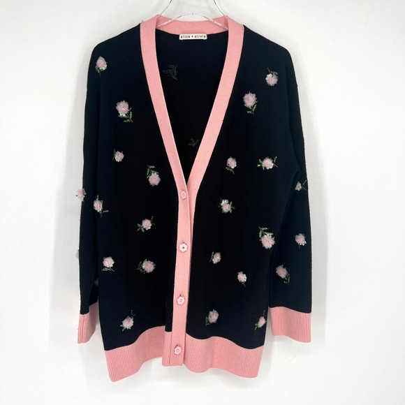Alice + Olivia Bradford Cardigan Women L Floral Pink Black...